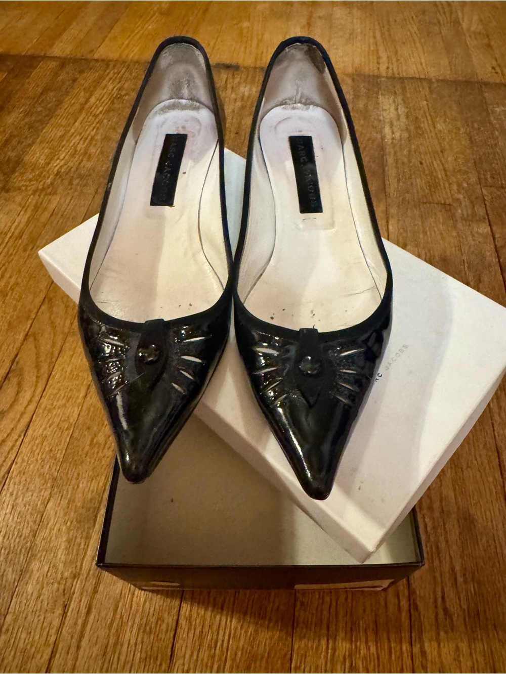Marc Jacobs Black Patent Pointed-Toe Kitten Heels with Embellished Toe